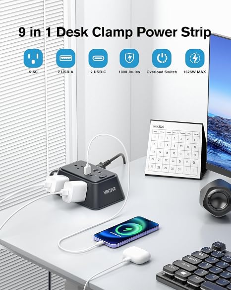 Desk Clamp Power Strip Surge Protector with 9 in 1 Charging Station and 6 ft Cord