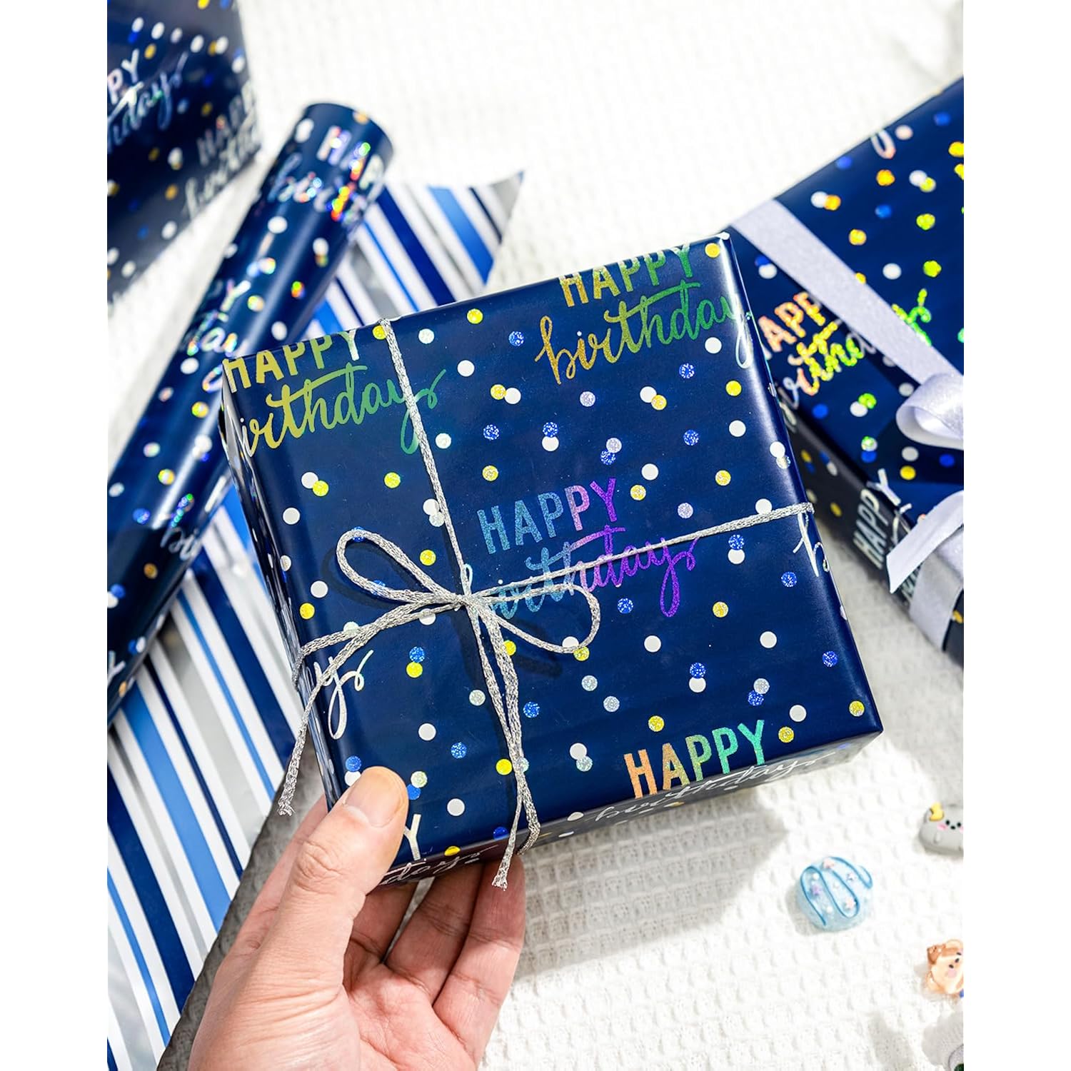 Birthday Wrapping Paper Roll, Blue Metallic Holographic Happy Birthday Wrapping Paper Featuring Revesible Stripe Gift Wrap Paper For Boys Kids Girls Men, 17 Inches X 33 Feet