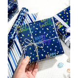 Birthday Wrapping Paper Roll, Blue Metallic Holographic Happy Birthday Wrapping Paper Featuring Revesible Stripe Gift Wrap Paper For Boys Kids Girls Men, 17 Inches X 33 Feet