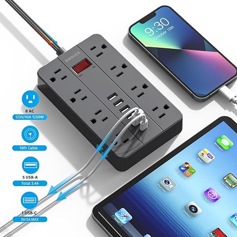 10 Ft Extension Cord Power Strip 8 Outlets 6 USB C Flat Plug Black