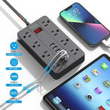 10 Ft Extension Cord Power Strip 8 Outlets 6 USB C Flat Plug Black