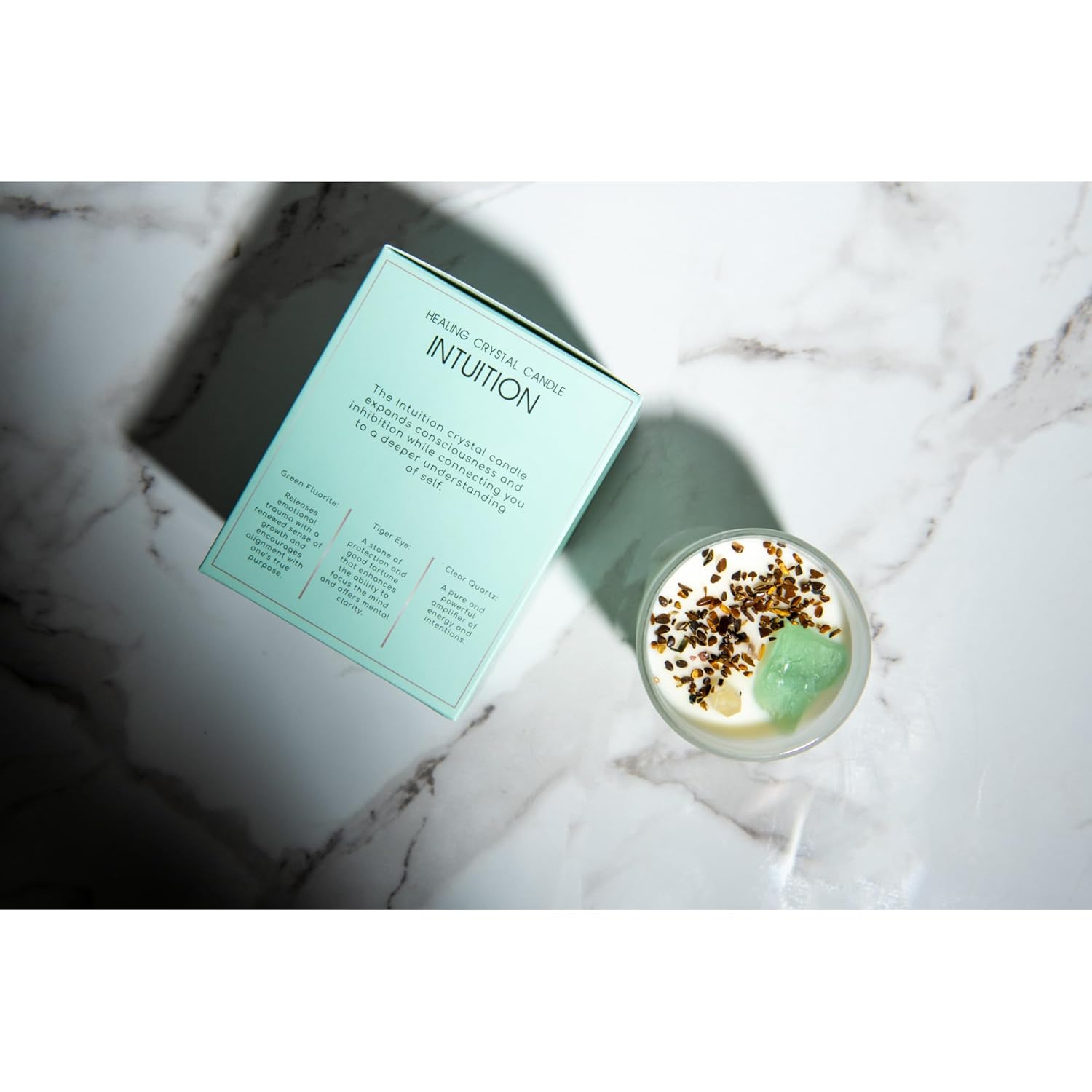 Rising Cosmos Healing Crystal Candle - Green Flourite, Tiger'S Eye, Clear Quartz Infused Sugarcane + White Rum Scent 100% Soy Wax - 7Oz. Meditation, Intention & Gift Candle For Women