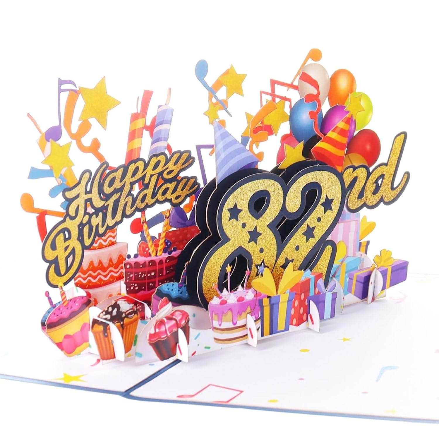 3D Pop Up Happy 82Nd Birthday Card – Blue Design With Glitter Numbers, Balloons, Cakes & Gifts – Unique Bday Card For Dad, Mom, Husband, Wife, Man Or Woman – 5" X 7"
