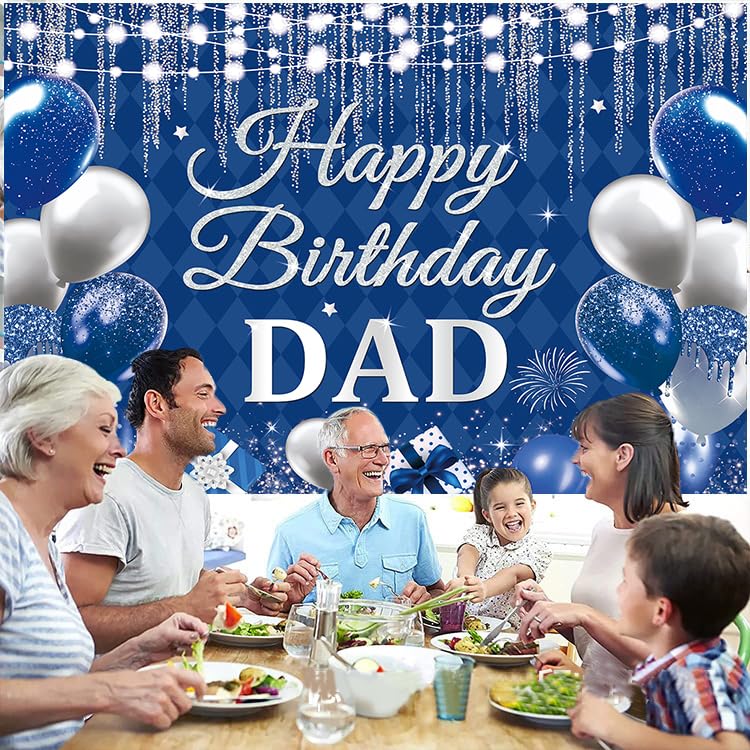 Happy Birthday Dad Backdrop Blue Silvery Glitter Balloons Fathers Birthday Father's Day Party Photography Background Mens Daddy Family Party Decor Banner Photo Booth Props (6x4FT)