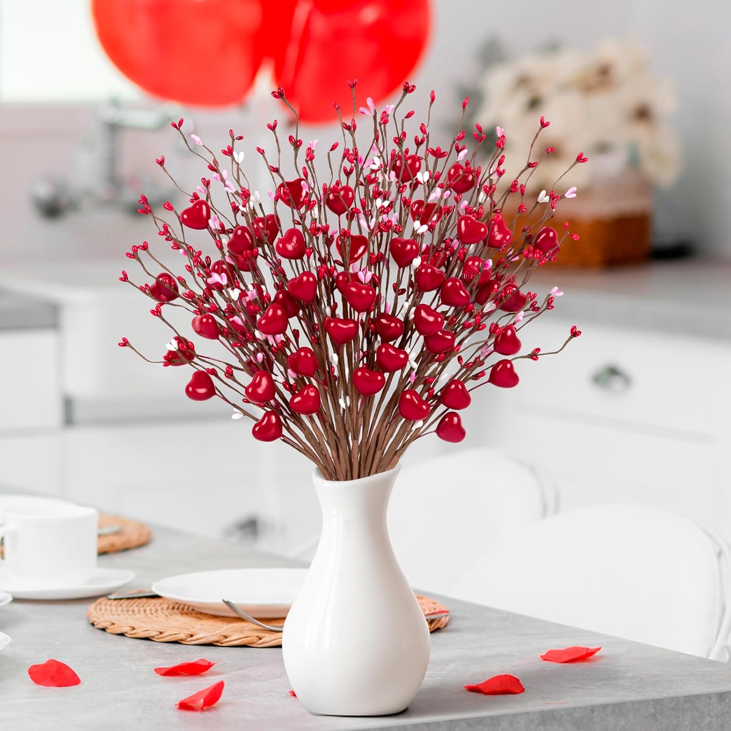 26Pcs Valentines Decorations Day Artificial Flowers Picks Decor - Berry Stems With Red Heart Gifts For The Home Table Centerpieces - Style 1