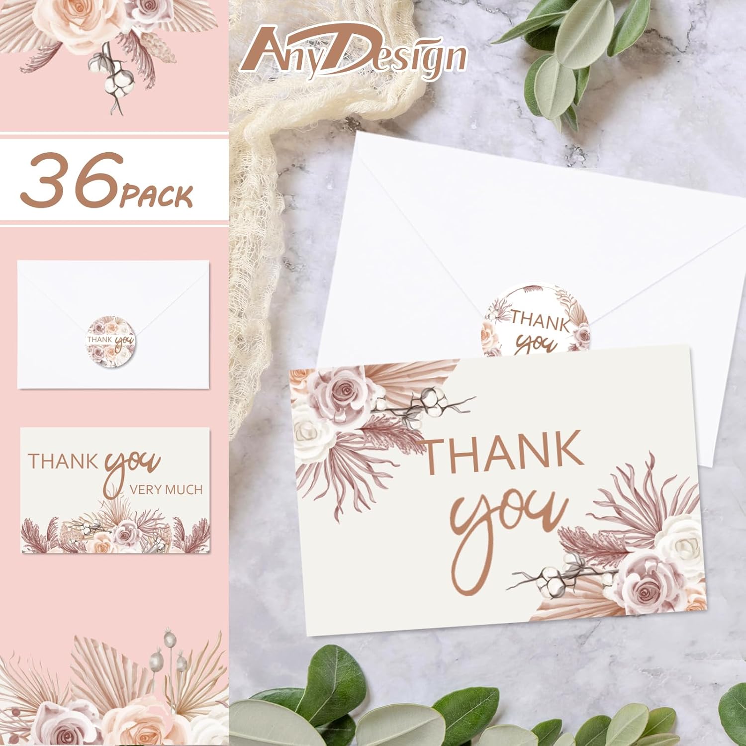 Boho Floral Thank You Cards Bulk 36 Pack Boho Rose Bouquets Note Cards With Envelope Stickers Flower Blank Cards For Wedding Bridal Shower Baby Shower Birthday Party, 4 X 6 Inch