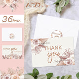 Boho Floral Thank You Cards Bulk 36 Pack Boho Rose Bouquets Note Cards With Envelope Stickers Flower Blank Cards For Wedding Bridal Shower Baby Shower Birthday Party, 4 X 6 Inch