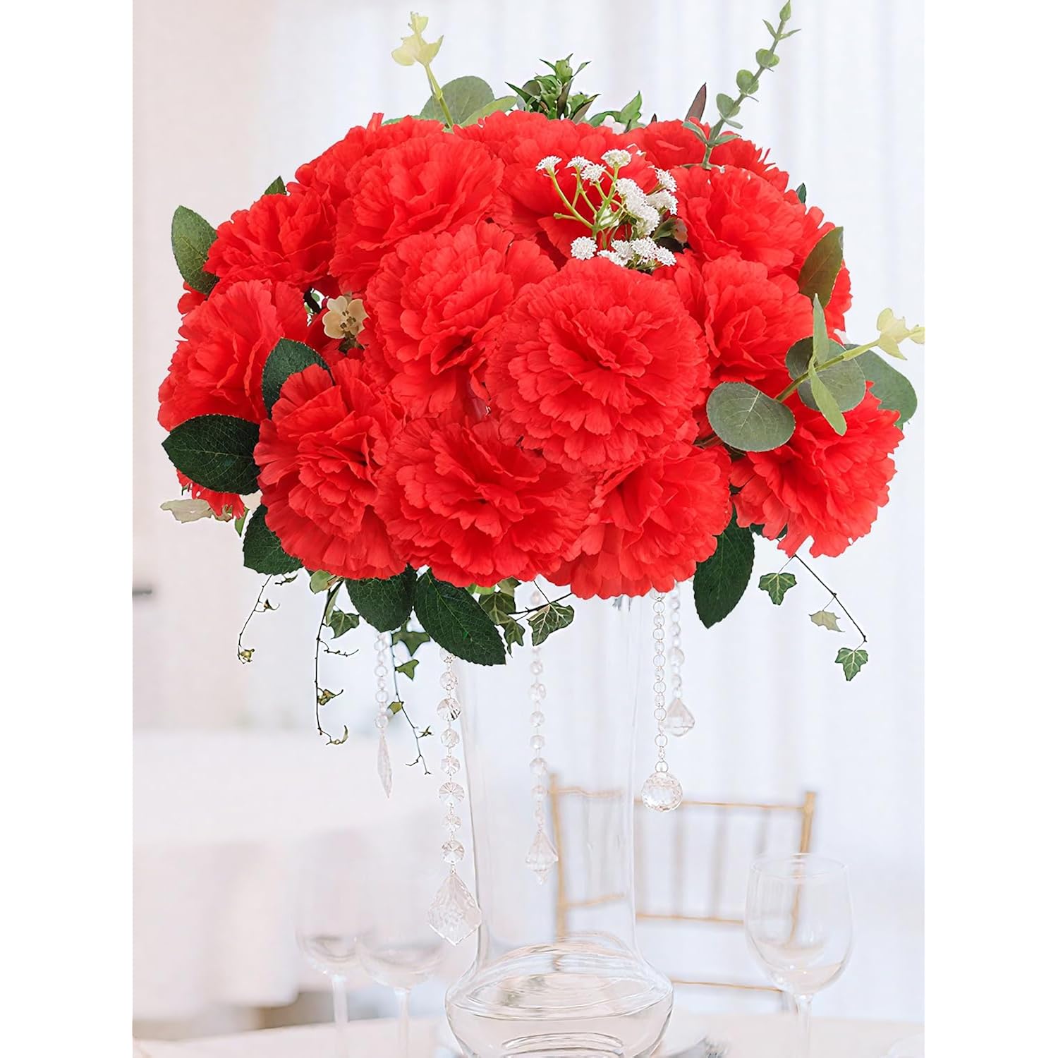 108Pcs Carnation Head Flowers With Stem - Red Artificial Flowers Carnation Bulk - Silk Carnations Fake Flower For Wedding Bouquet Diy Baby Shower Centerpieces Grad Party Tables Memorial Decor