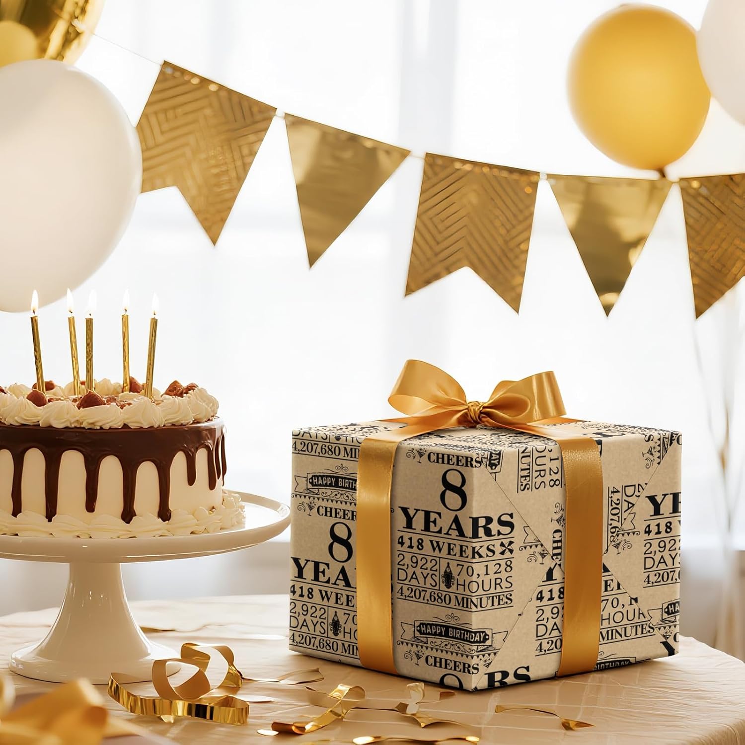 Kraft Birthday Wrapping Paper Roll, Mini Roll, Black Cheers 8 Years Design With Weeks, Days, Hours, Minutes Print, Vintage Gift Wrap For Boys Girls, 8Th Birthday Party, 17 Inches X 16.4 Feet