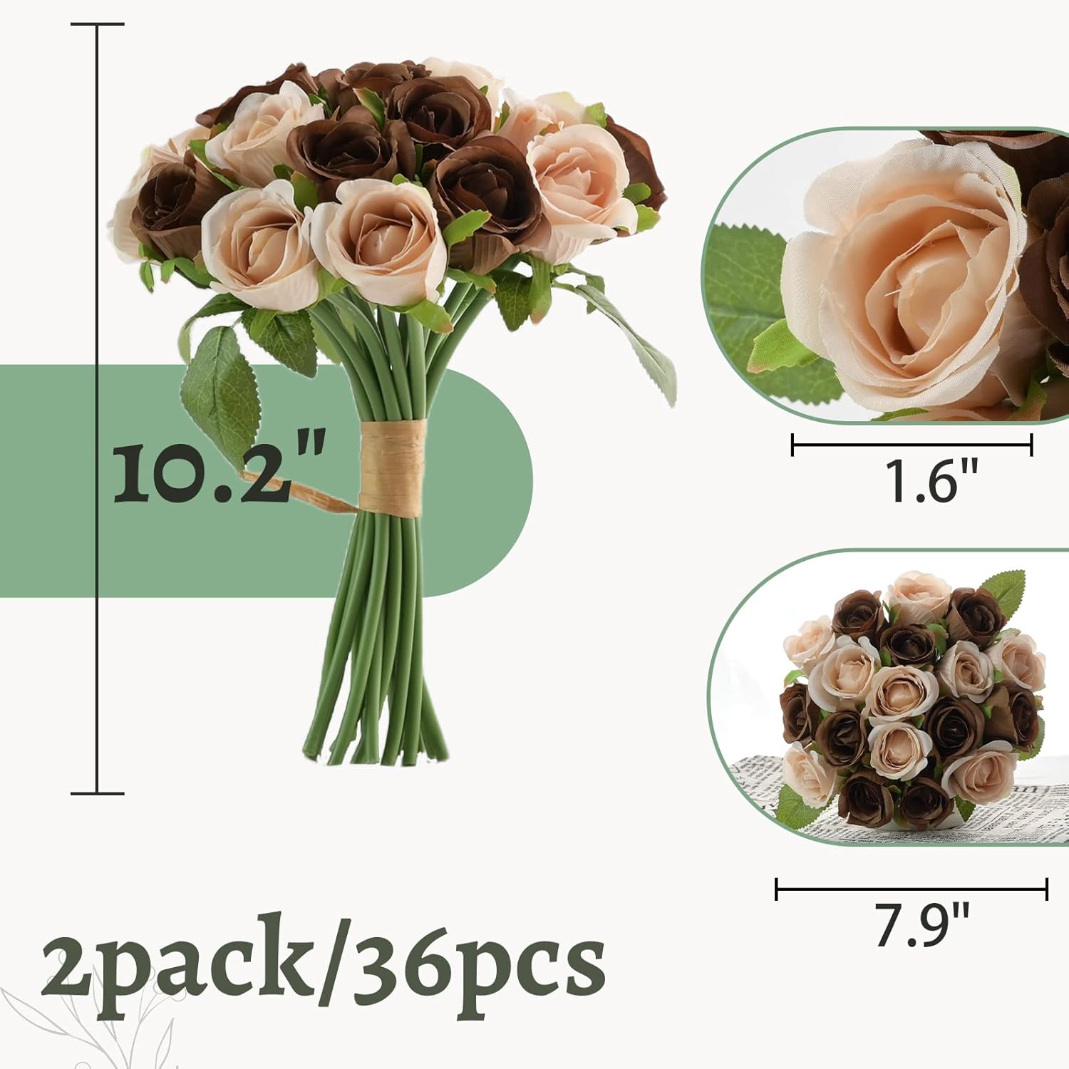 36Pcs Roses Artificial Flowers Brown&Cream, Silk Flowers With Stems Fake Flowers Bouquet For Home Decoration Bridal Wedding