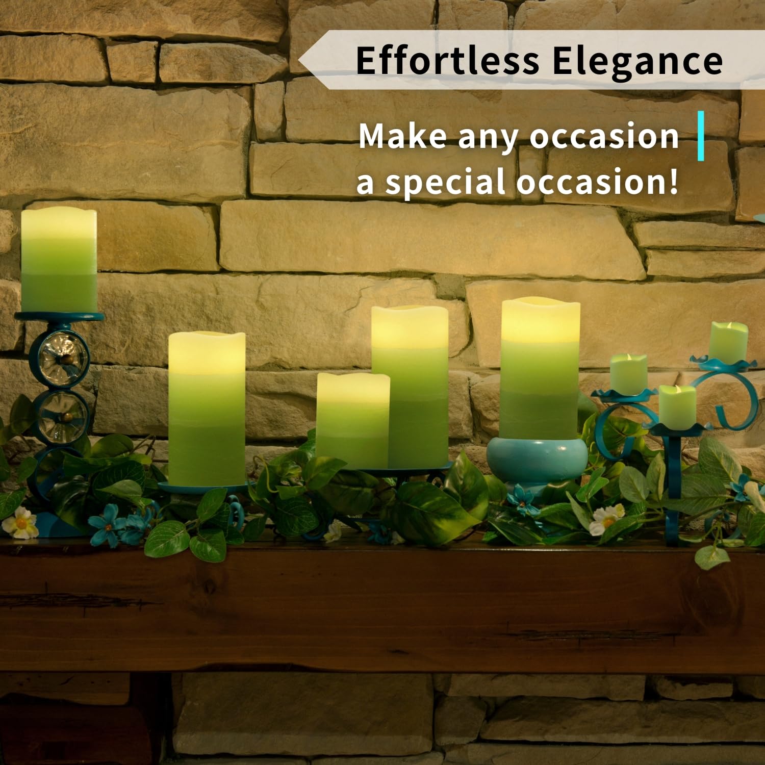 Green Ombre Led Candles With Remote, 4 Pillar And 4 Votives Pack Of 8, Real Wax Flameless Flickering Candles For Home Décor, Battery Operated