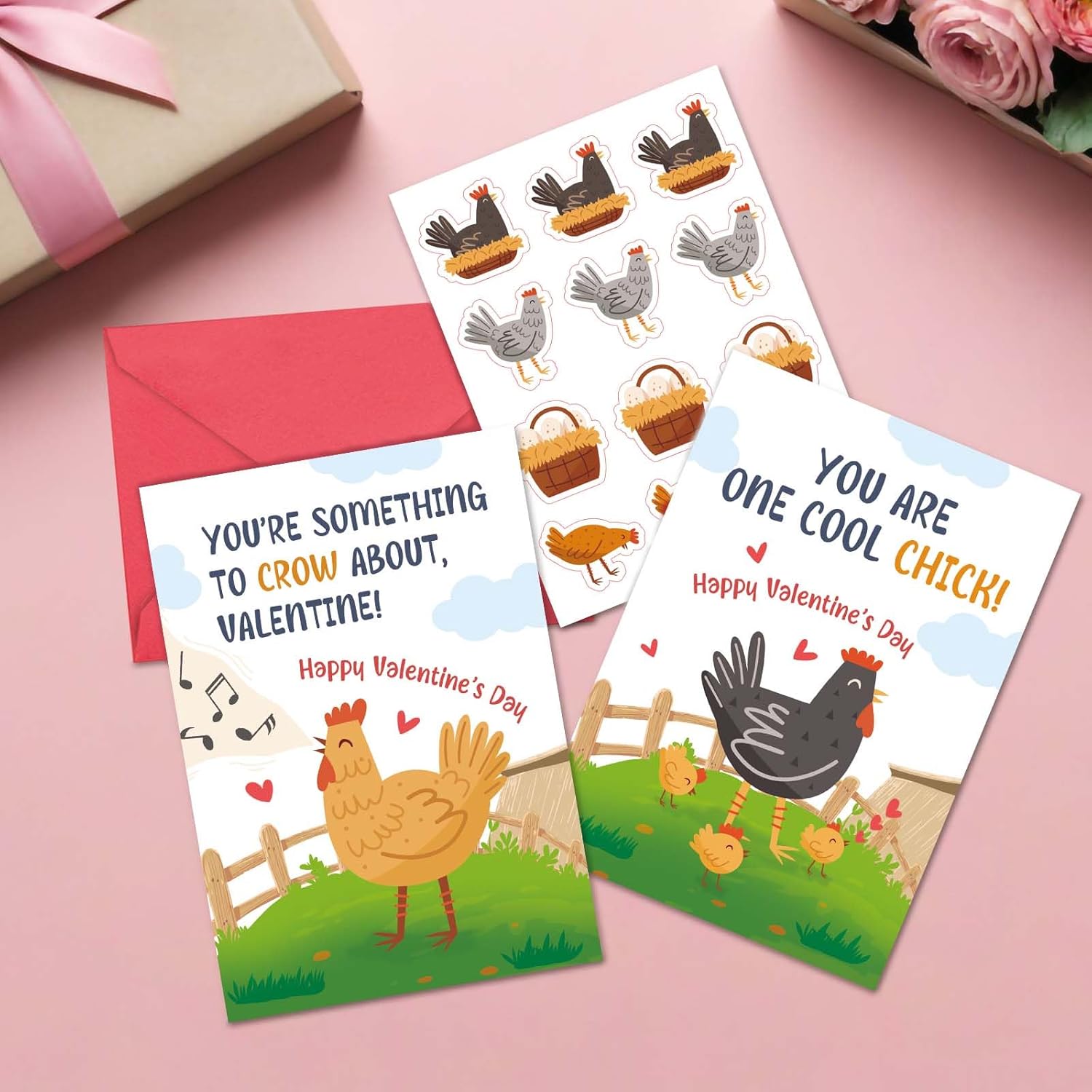 36 Pack Chicken Valentines Day Cards For School Exchange, 6 Cute Chickens Designs Happy Valentine’S Day Cards With Envelopes For Kids Teens, 3.5X5In Mini Size