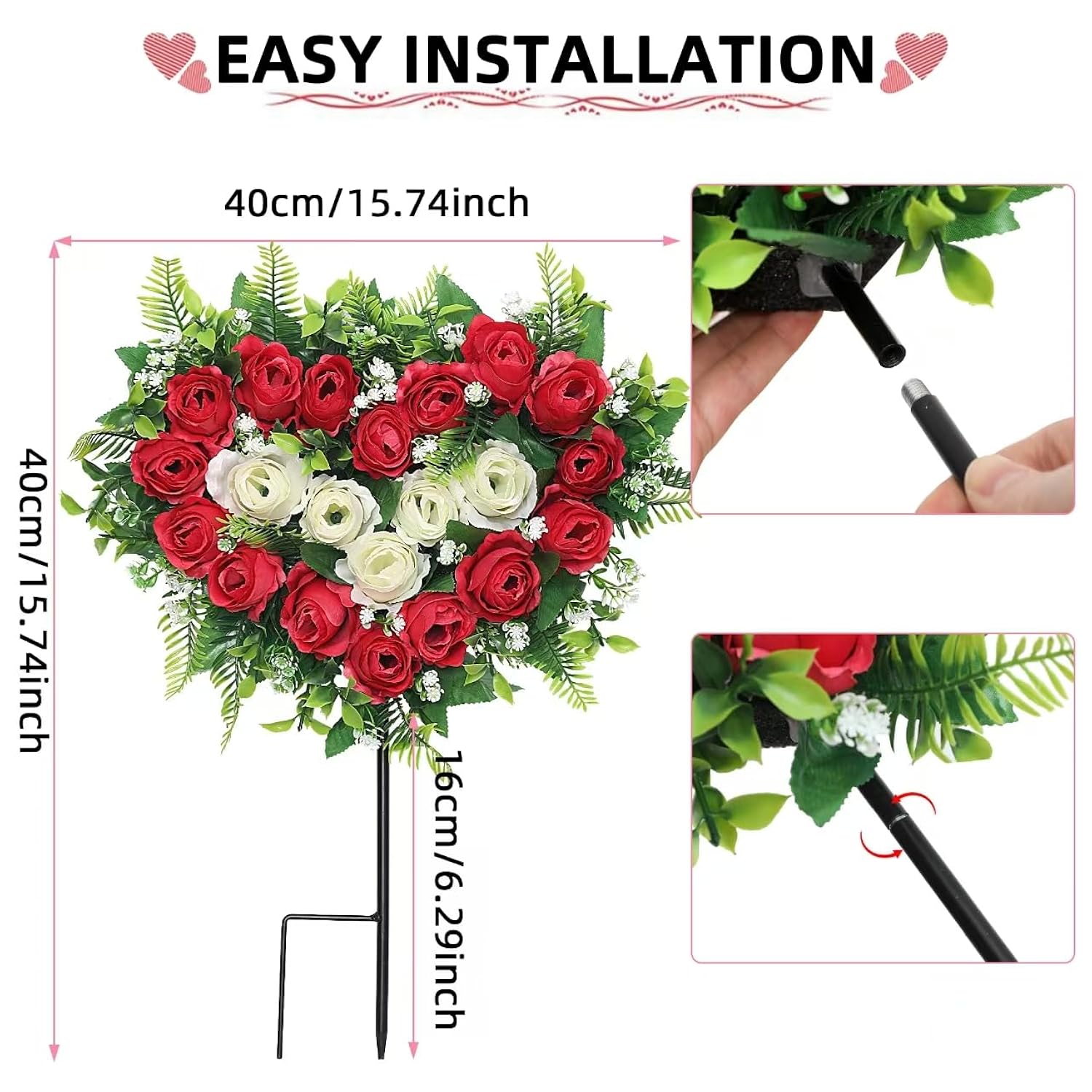 Artificial Cemetery Flowers Wedding Flowers Silk Flowers Artificial Roses Heart Bouquet With Long Spike For Ourdoor Grave Wedding Party Decoration (Red White)