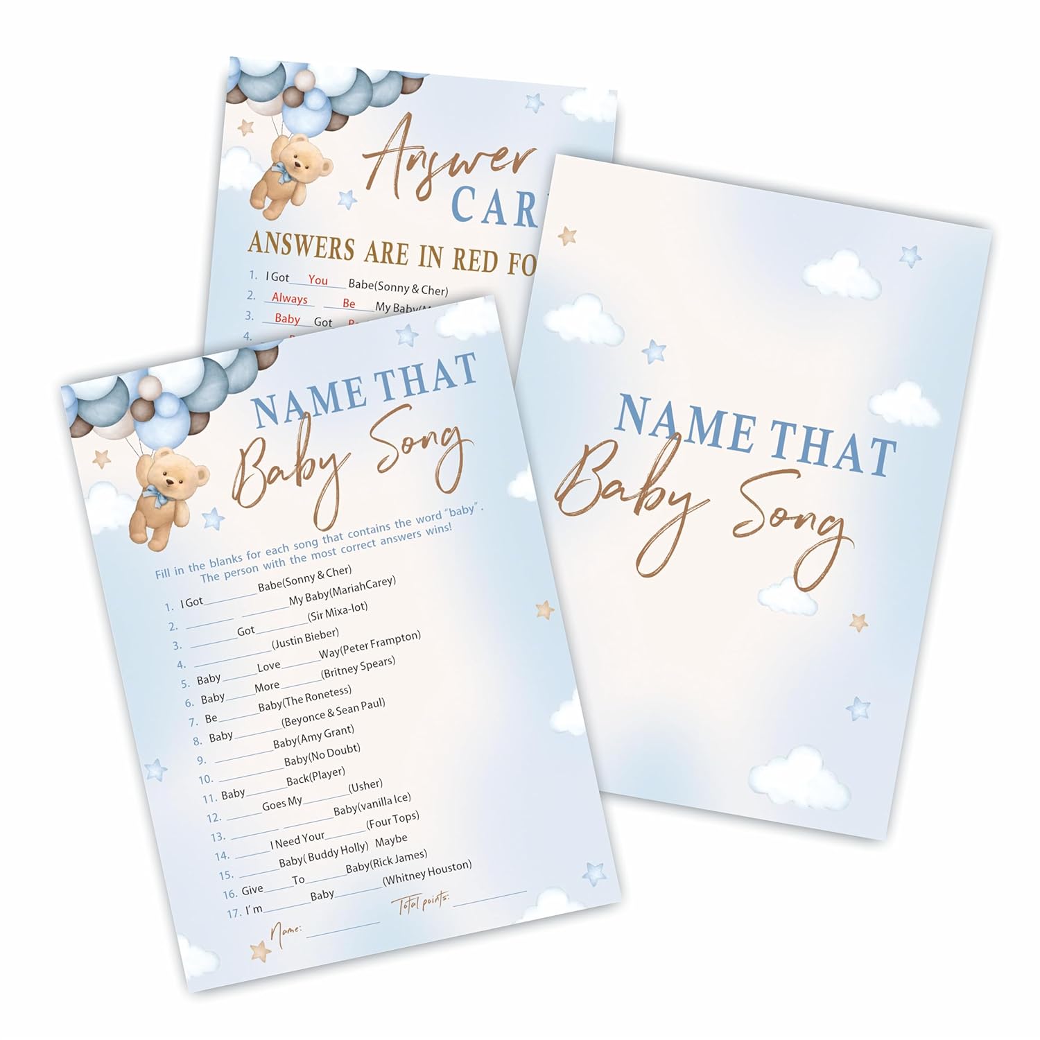 30 Name That Baby Song Game Cards For Baby Shower Game & Activity - Bear & Balloons - Mommy Or Daddy Double-Sided Fill In Game Cards, Gender Reveal Game For Baby Shower Party Favors & Decorations-C01