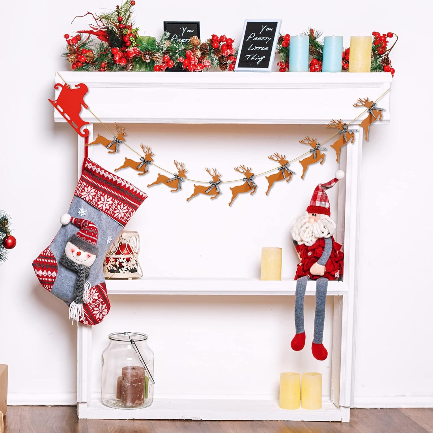 Wooden Christmas Banner Santa Sleigh And Reindeer Wood Banner Pre-Assembled Rustic Bunting Garland Sign Celebration Hanging Decorations For Xmas Party Supplies Home Decoration