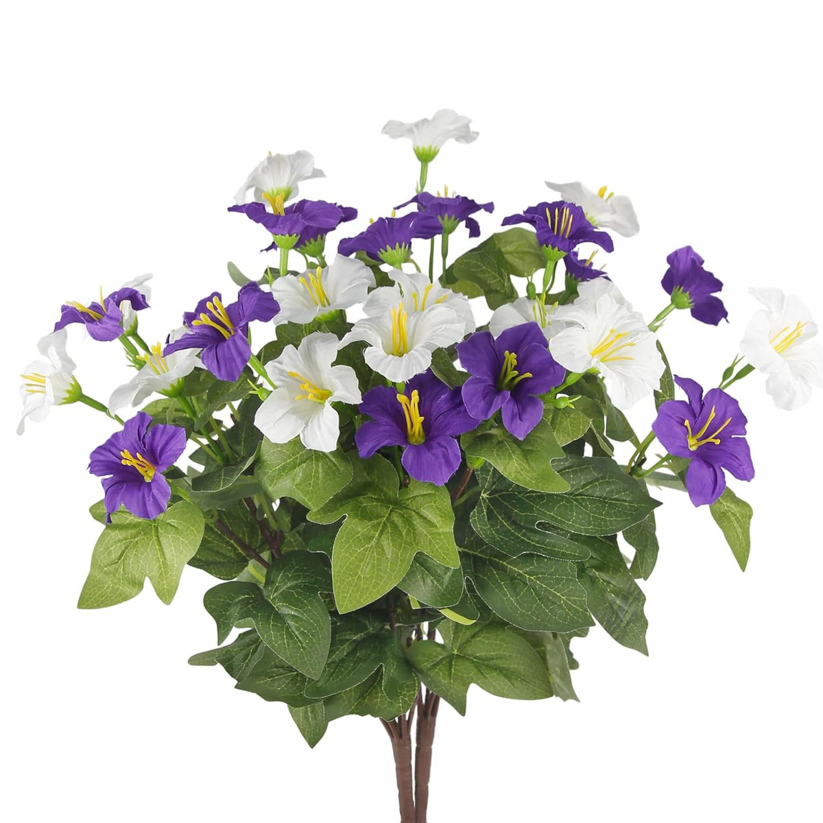 2 Pcs Artificial Flowers For Outdoors Fake Petunias Plants Outside Purple And White Silk Morning Glory Uv Resistant Realistic Faux Tropical Flowers For Planter Porch Patio Yard Garden Window
