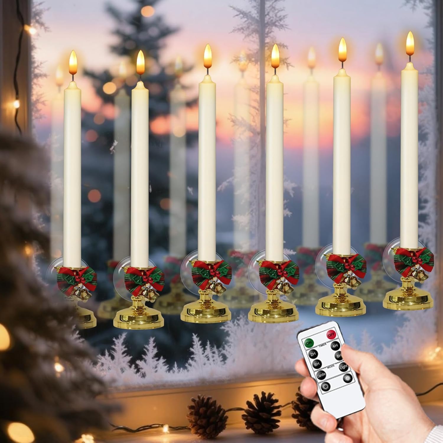 Flameless Window Candles With Remote Timer, Battery Operated Taper Candles With Wreath, 3D Wick Flickering For Christmas Decoration, Removable Suction Cups And Gold Holders Included (6 Packs)