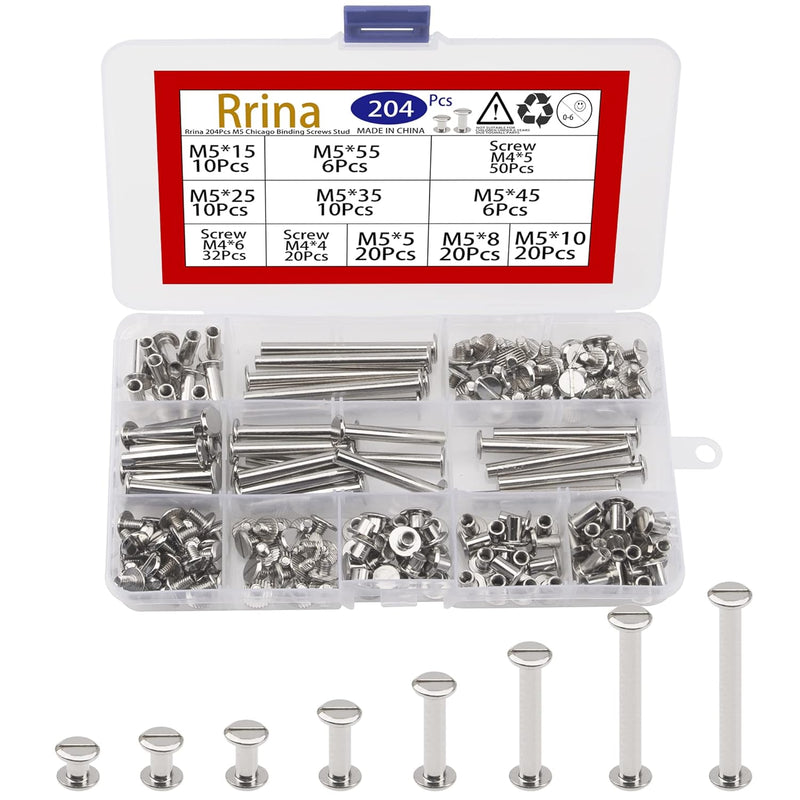 204Pcs M5 Chicago Binding Screws Stud Posts Rivet Button Assortment Kit For Di