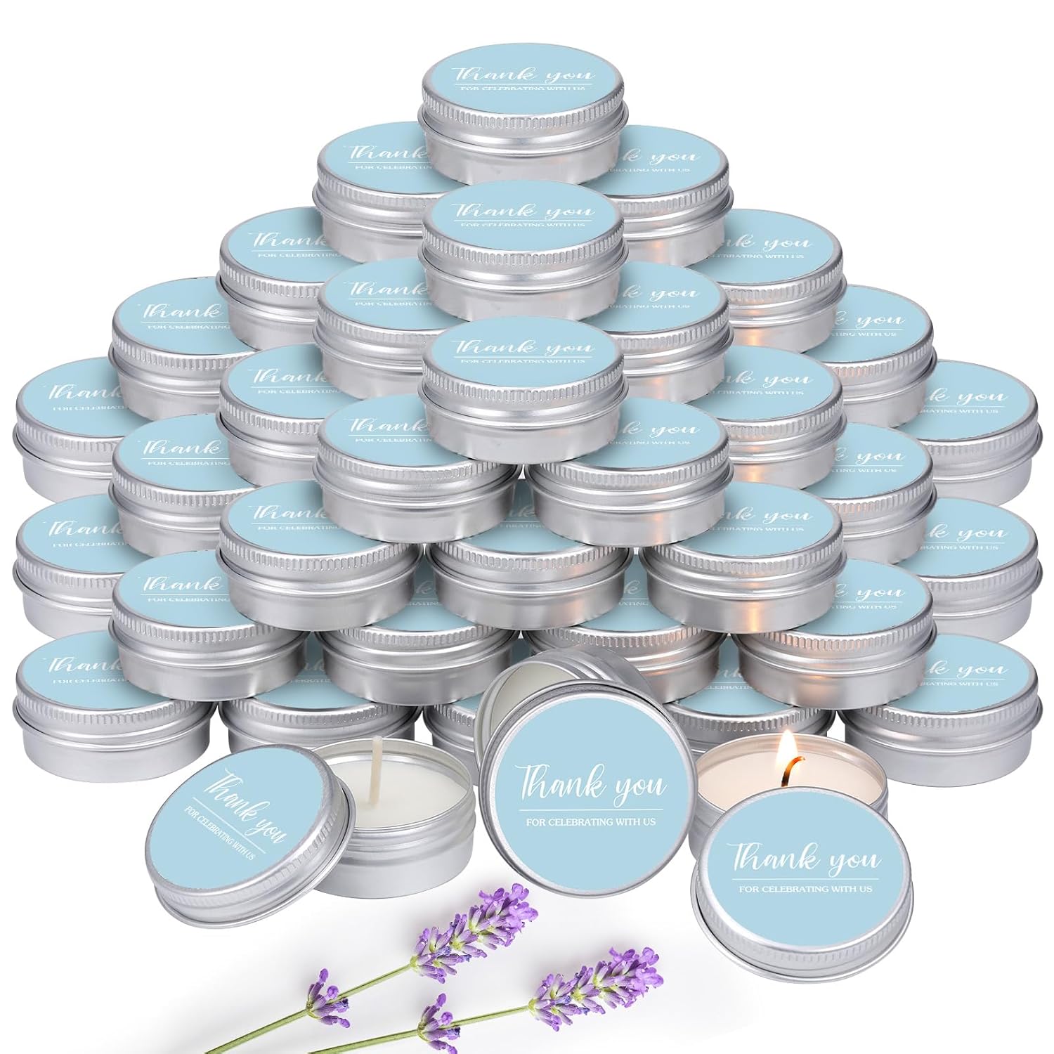 50 Pcs Wedding Candles Gift Favors For Guests 1 Oz Blue Lavender Scented Soy Wax Aromatherapy Candle Favors For Bridal Shower Rustic Wedding Party Guests(Thank You)