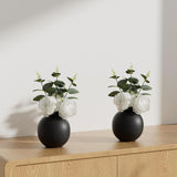 Artificial Flowers With Ceramic Vase, 2 Pcs Fake Plants Combination Of Six White Roses And Greenery, Small Plant Potted For Offices, Indoor, Bookshelf, Bedroom, Living Room, Wedding Decorations
