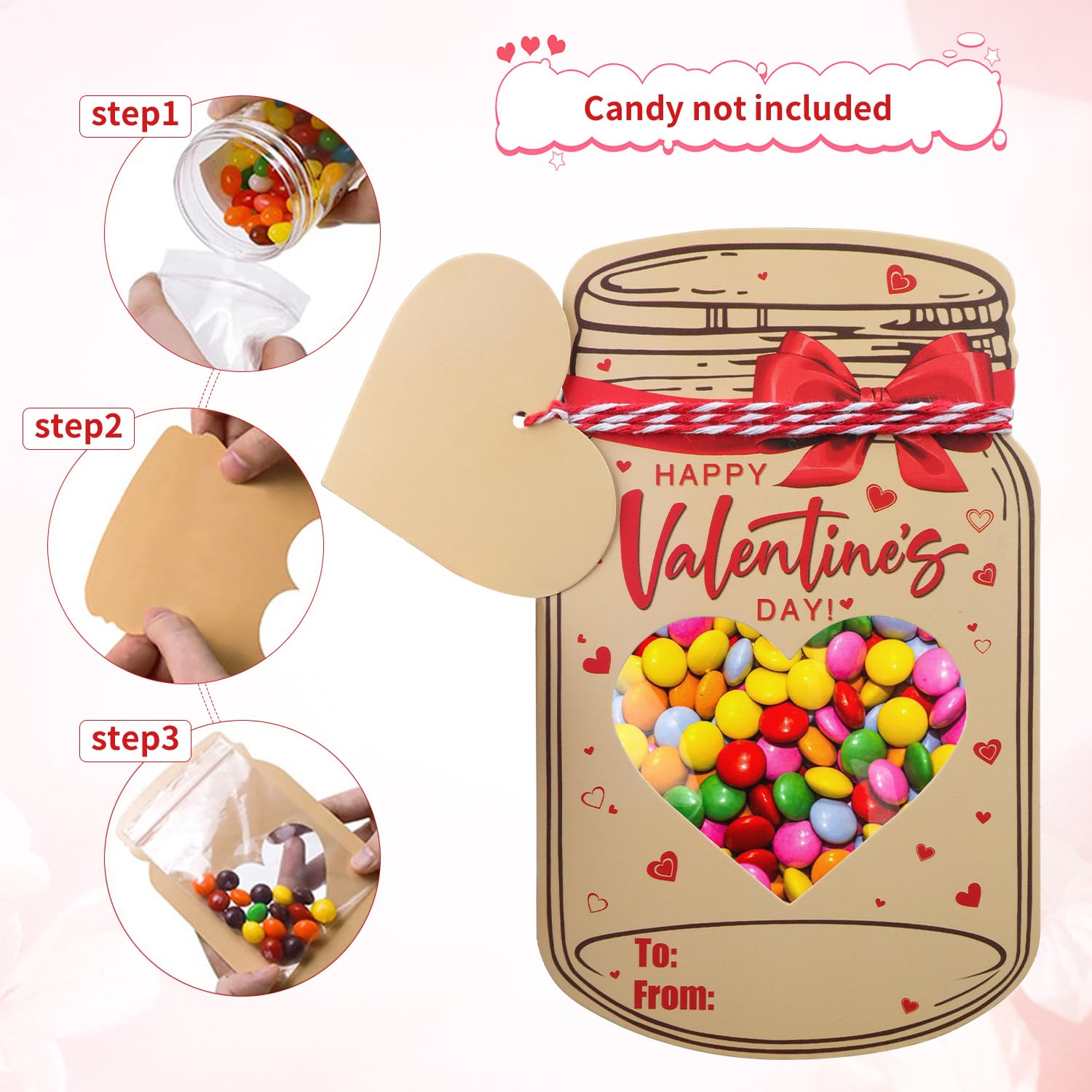48 Pack Mason Jar Valentines Day Greeting Cards Valentine Exchange Gift Cards Bulk For Kid Boys Girls Toddler School Class Classroom Party Favors