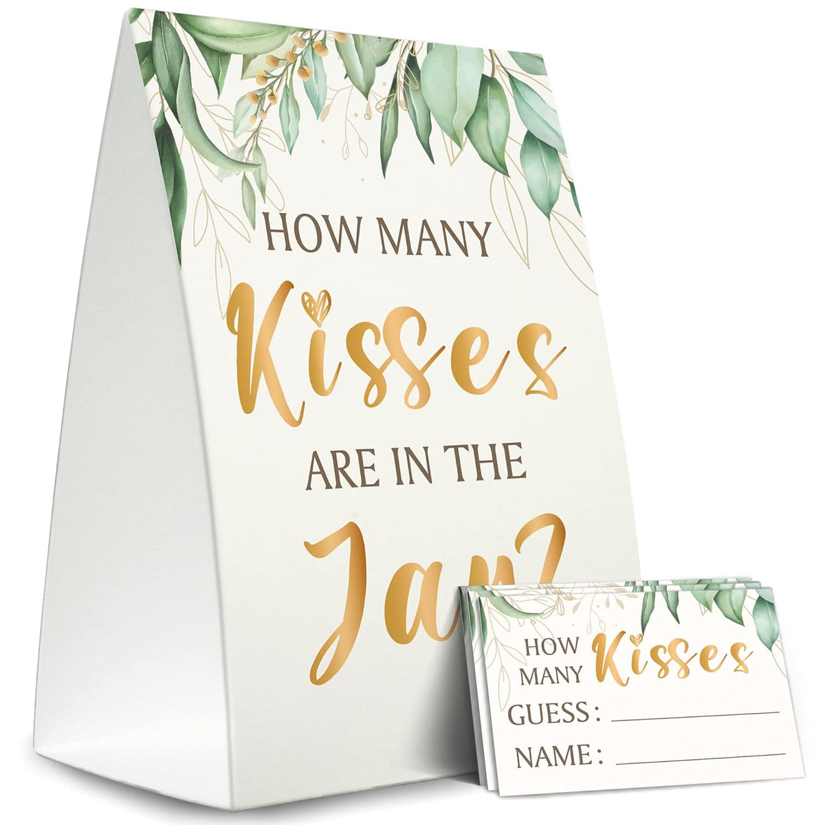 Guess How Many Kisses Are In The Jar Game (1 Standing Sign + 50 Guessing Cards),Greenery Golden,Bridal Shower Sign,Baby Shower Sign - Xh18