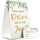Guess How Many Kisses Are In The Jar Game (1 Standing Sign + 50 Guessing Cards),Greenery Golden,Bridal Shower Sign,Baby Shower Sign - Xh18