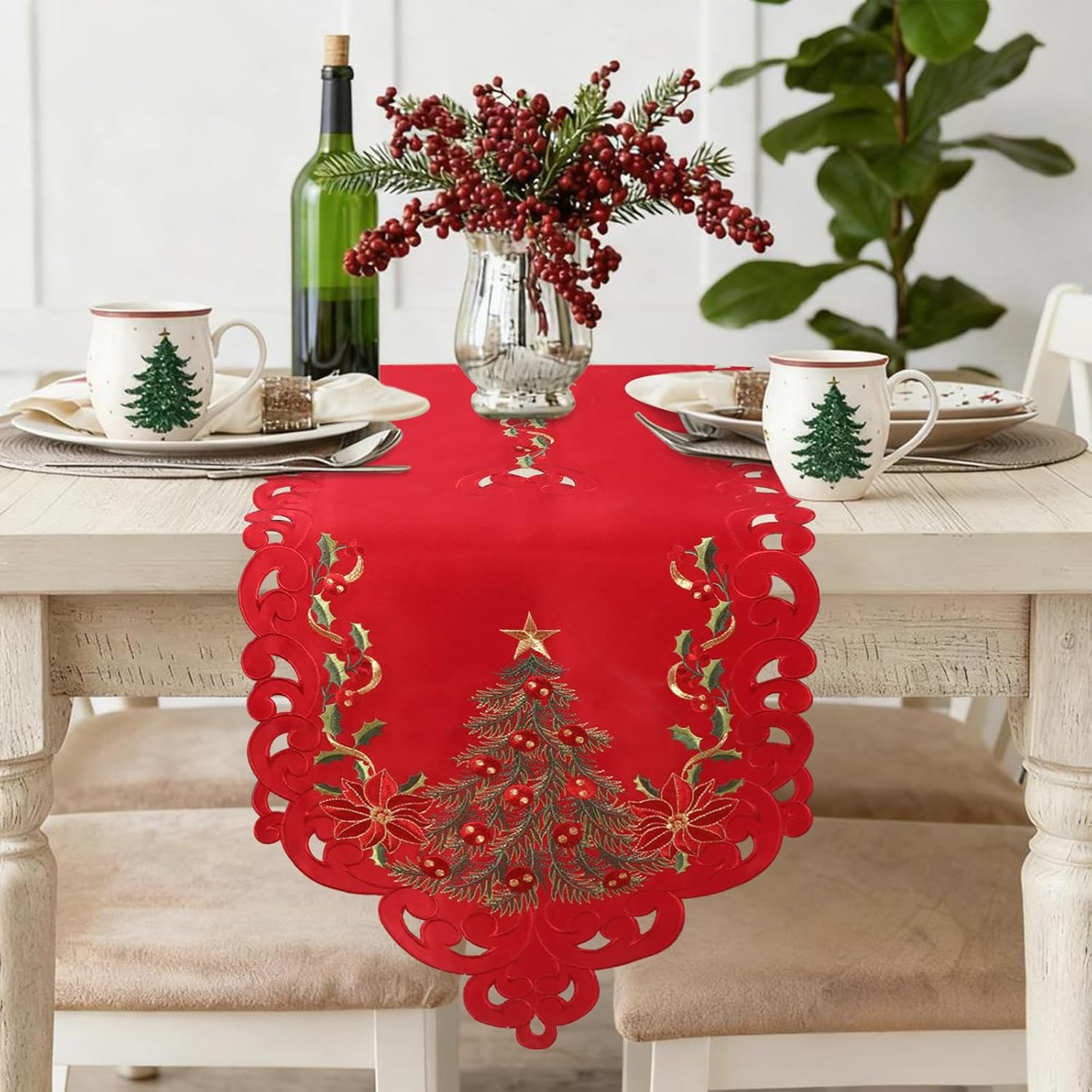 Red Christmas Table Runner - Small 54 Inches Long, Embroidered Tree & Poinsettia Cutwork Lace Linen Tablerunner For Dining Room, Kitchen, Mantel Or Coffee Table, Holiday Xmas Decor