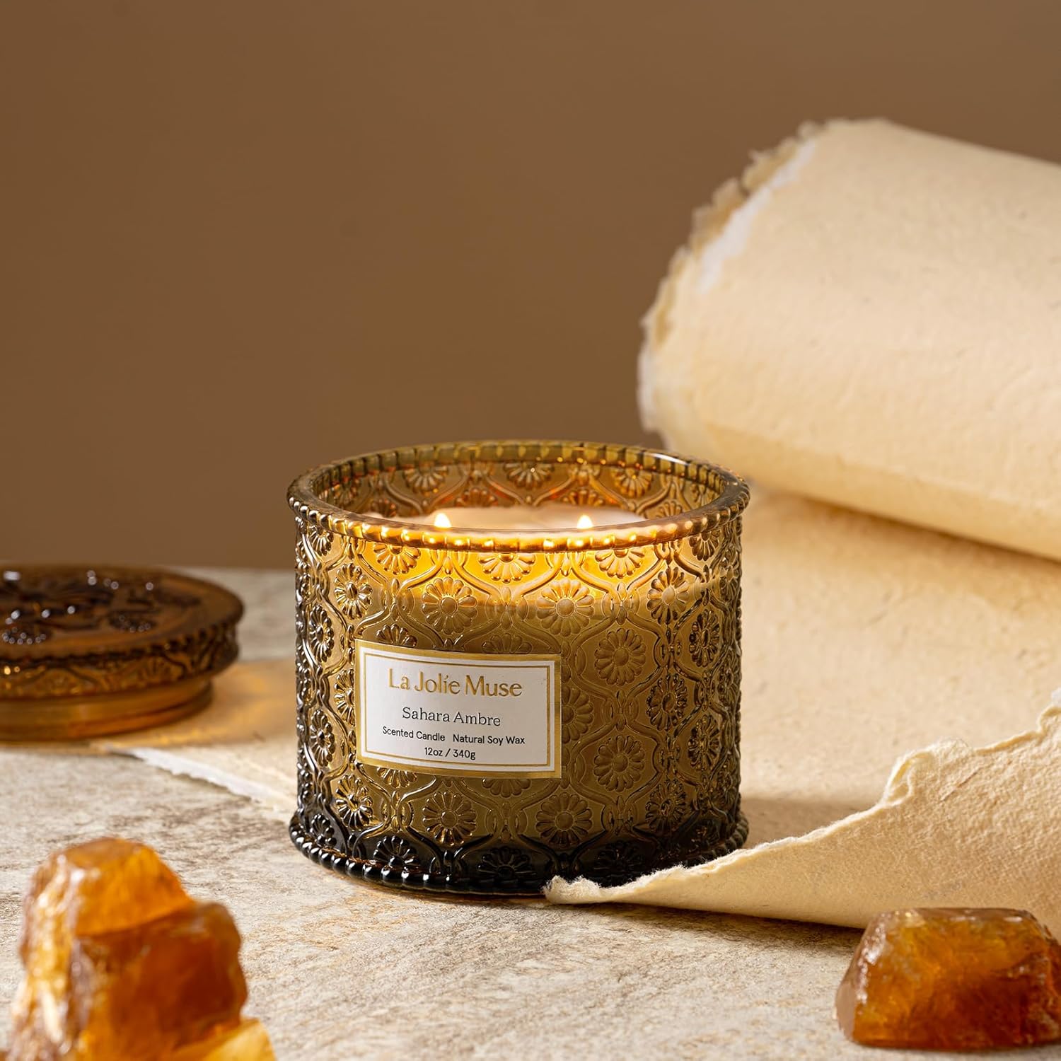 Sahara Amber Candle – Bergamot, Clove & Amber | 12 Oz Large 2-Wick Soy Wax Candle | 60 Hours Clean Burn | Gift-Ready For Hosts & Gatherings | Elegant Home Décor