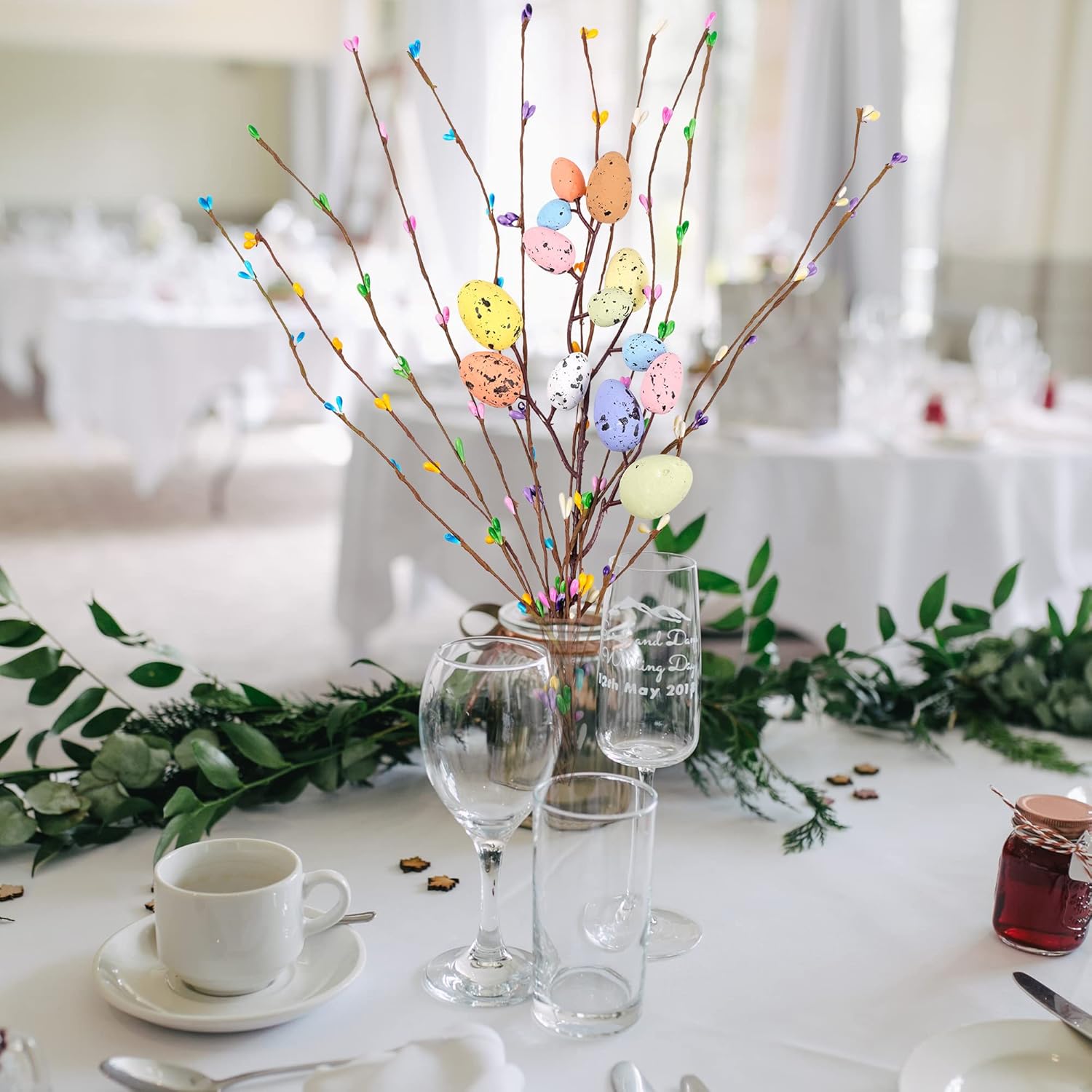 Artificial Easter Spray Vine With Pastel Easter Eggs And Berries- Decorative Spring Floral Stems-Easter Egg Twig Branches For Floral Arrangement-Centerpiece Wreath Decoration (26 Pcs)