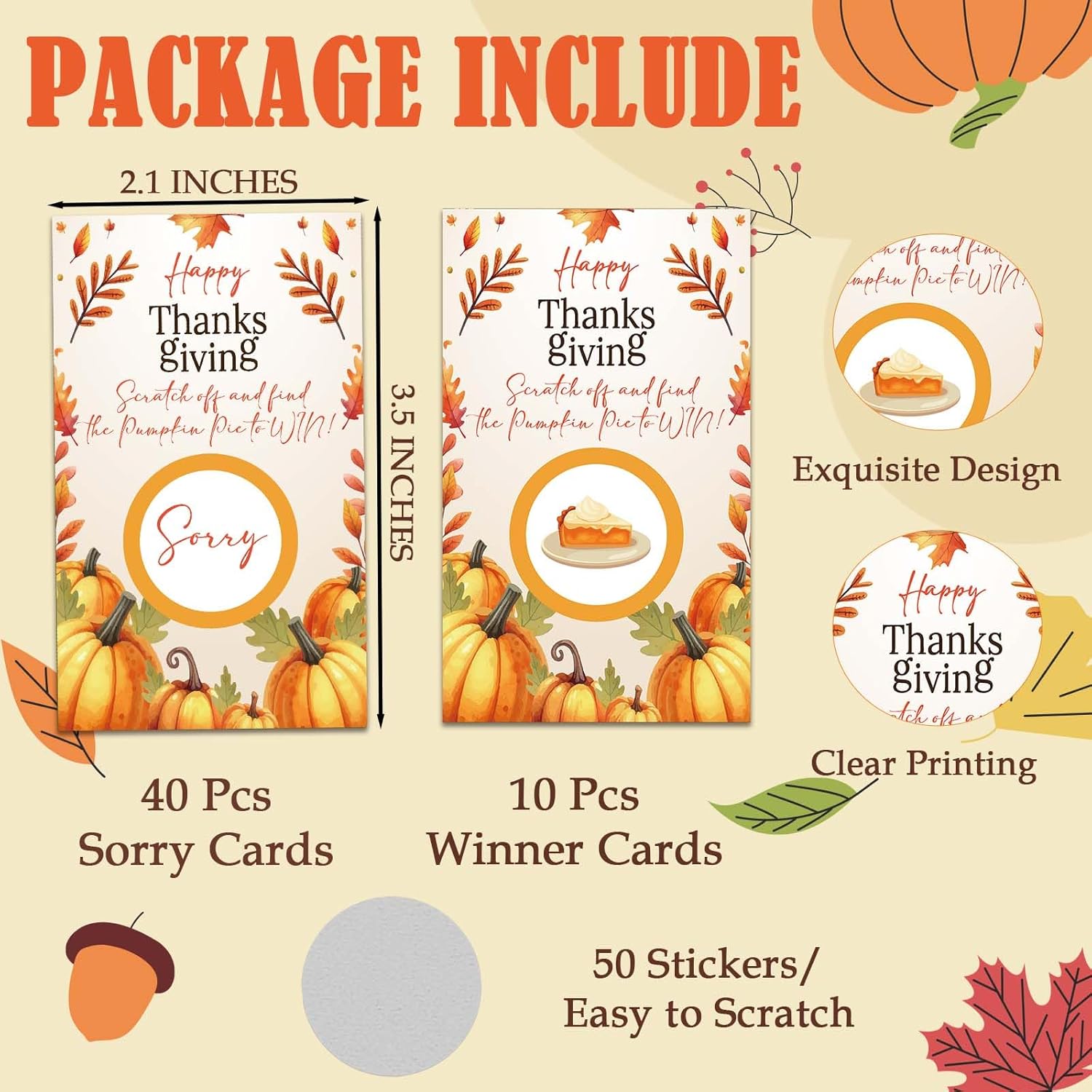 50 Pack Thanksgiving Scratch Off Game Cards Pumpkin Design Fall Party Game, Fun Autumn Dinner Activity And Raffle Prize Cards For Family And Classroom – A03