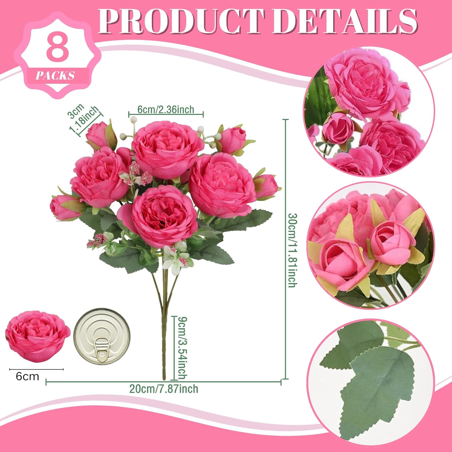 8Pcs Artificial Flowers Fake Peonies Silk Peony Bouquet Faux Flowers Bulk Arrangements For Decoration Vase Florals Arrangements Wedding Home Party Table Hot Pink