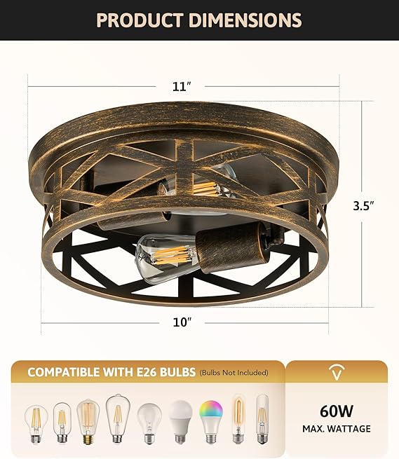 2 Pack Farmhouse Metal Cage Ceiling Lights Oil Rubbed Bronze Flush Mount Fixtures