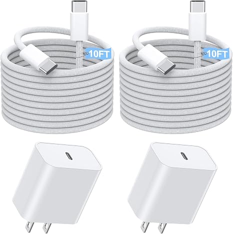 2 Pack 20W USB C Fast Wall Charger with 10FT Woven USB C Cable for iPhone 17 16 15 iPad