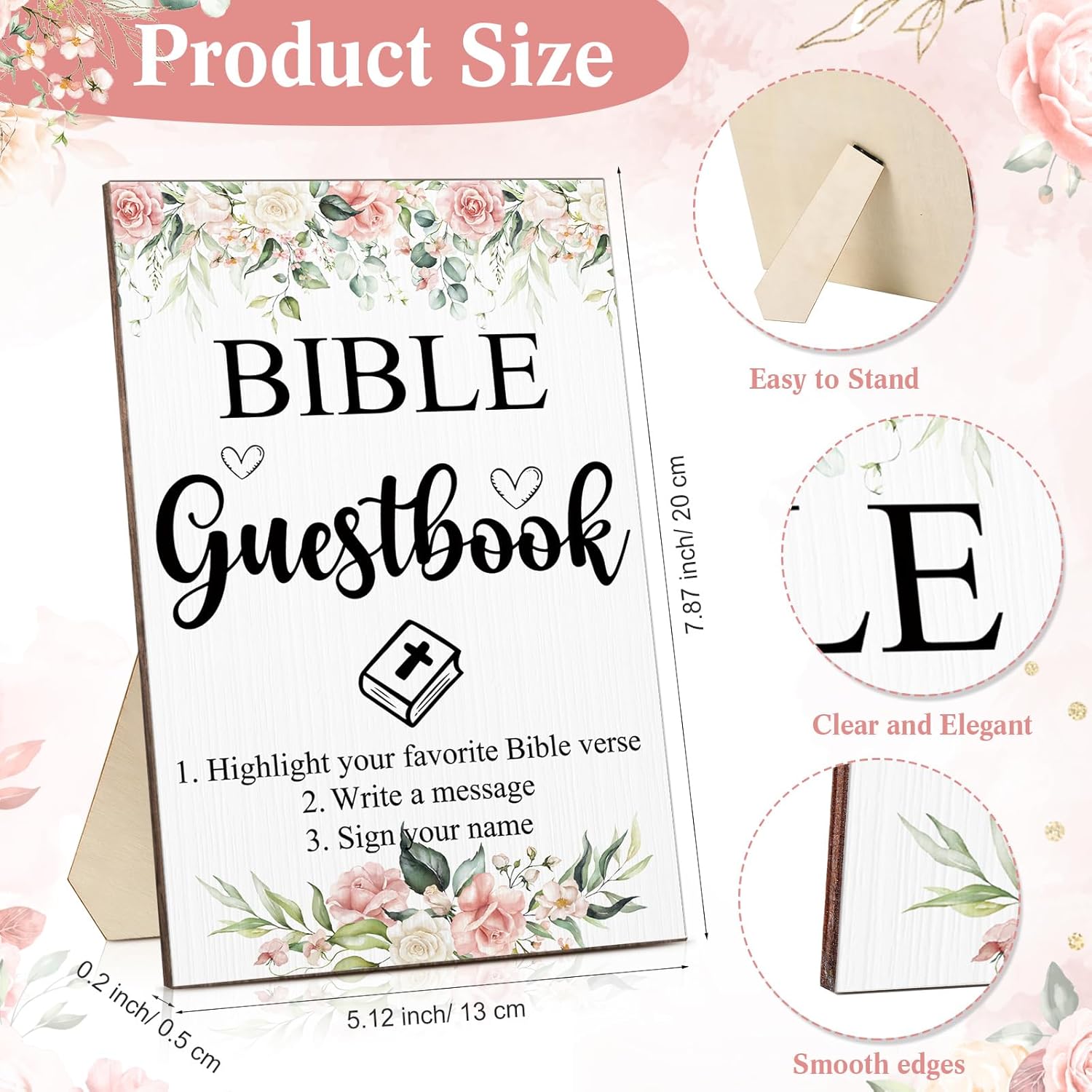 19 Pcs Bible Wedding Guestbook Sign And Pens Set Greenery Wooden Standing Bible Guest Book Sign 6 Highlighters 12 Fine Point Pens For Baby Shower Bridal Shower Party (Flower)