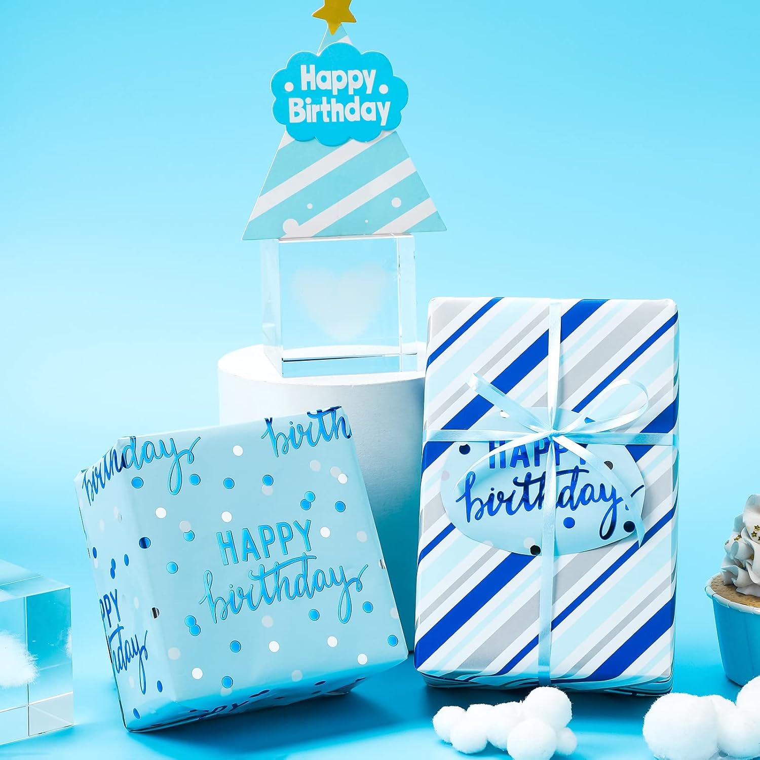 Reversible Blue Birthday Wrapping Paper Roll For Boys Men, Happy Birthday Lettering & Stripe Pattern With Metallic Foil In Blue, Mini Roll, 17 Inches X 9.8 Feet