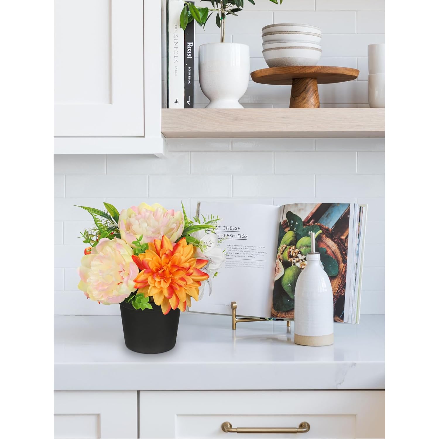 Yellow Artificial Flowers Small Fake Flowers In Vase Peonies Dahlia Tiger Lily Potted Silk Flower Arrangements Faux Plants & Flowers Home Bathroom Kitchen Table Centerpieces Desk Decor