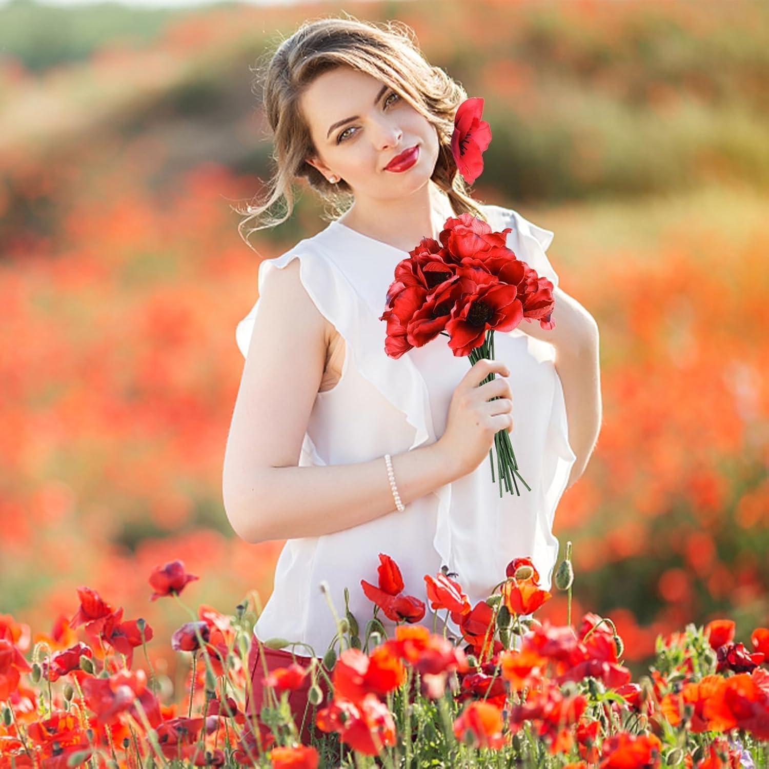 Set Of 150 Red Poppy Artificial Flowers Fake Flowers Poppies Head Fake Wildflowers With 6 Inch Flower Branch For Memorial Veterans Day Remembrance Sunday Bouquet Corsages Home Kitchen Decor