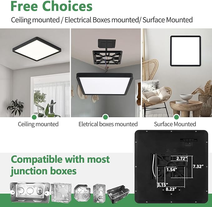 16 Inch Square LED Ceiling Light 36W Black Super Slim Flush Mount Fixture
