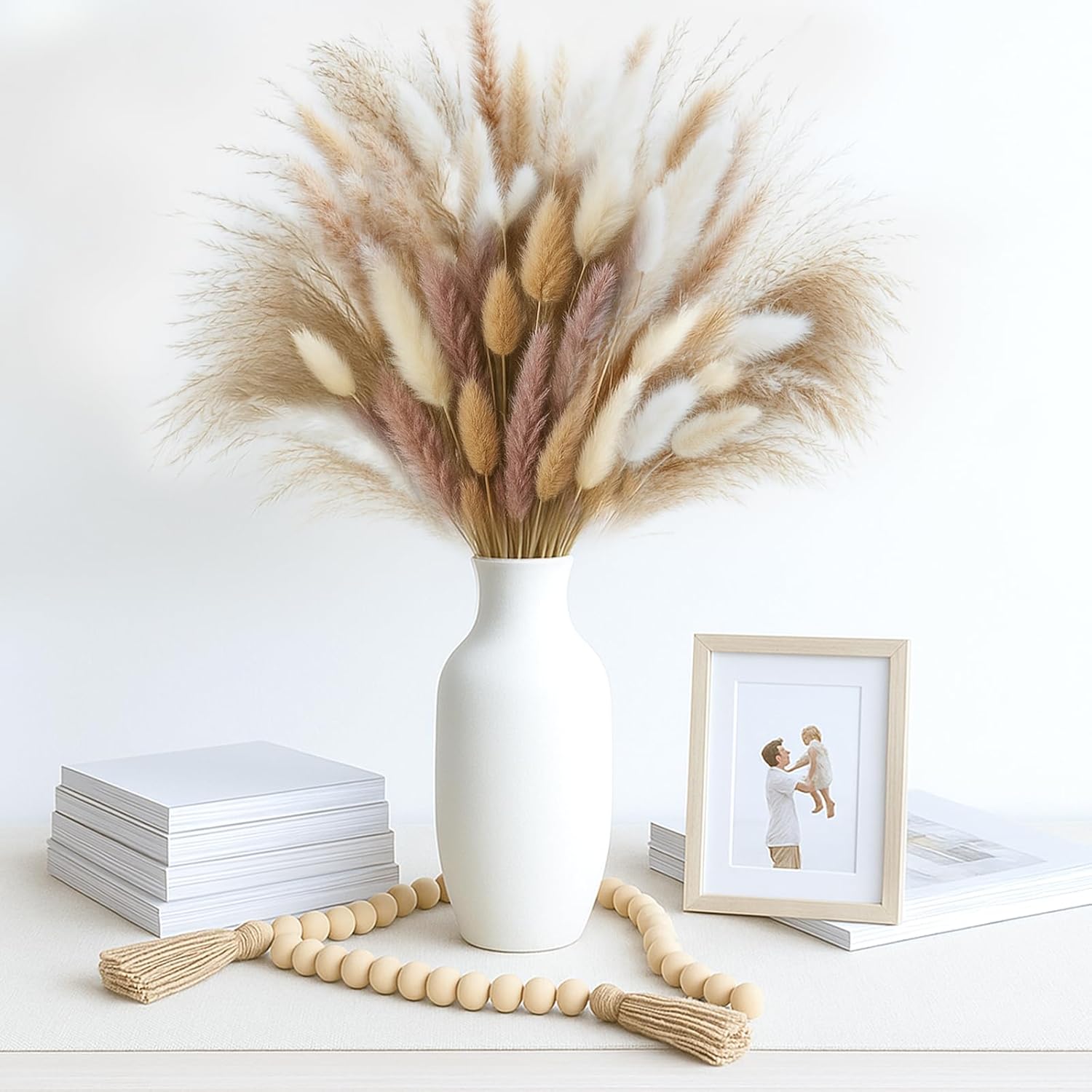 130Pcs Dried Pampas Grass Bulks Fall Decor, 18" Natural Bunny Tail Grass, Boho Rustic Bouquet, Fall Decorations For Home, Farmhouse Table Vase & Wedding Decor