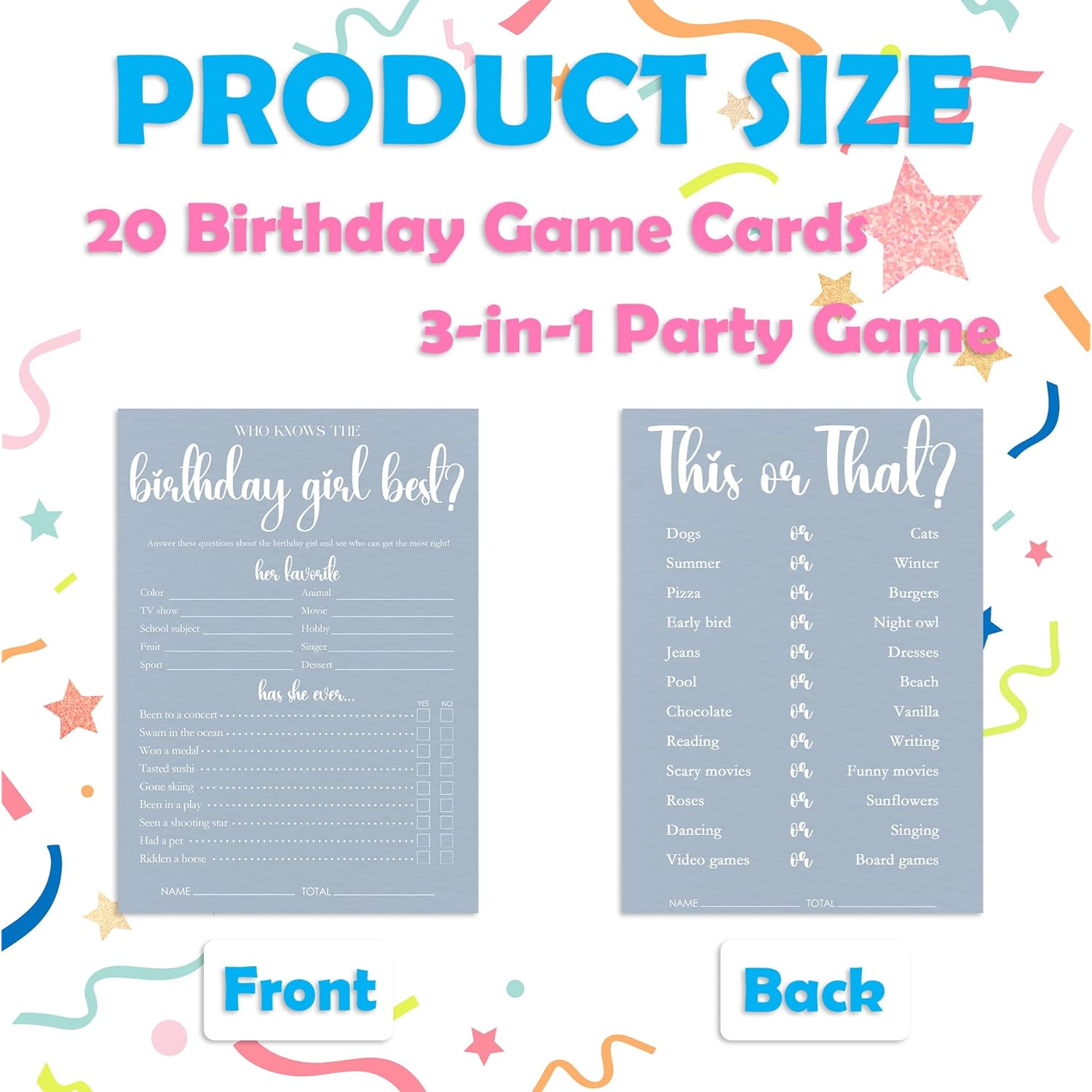 20Pcs Who Knows The Birthday Girl Best Theme Birthday Party Game Cards-3-In-1 Minimalist Blue Birthday Party Game Cards For Girls Teens Adult-Party Activity Supplies & Decorations?5 ''X7 ''?-A07
