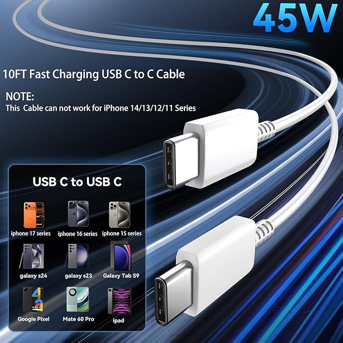 45W USB C Fast Charger with 10FT Type C Cable for iPhone 17 16 15 Pro Max