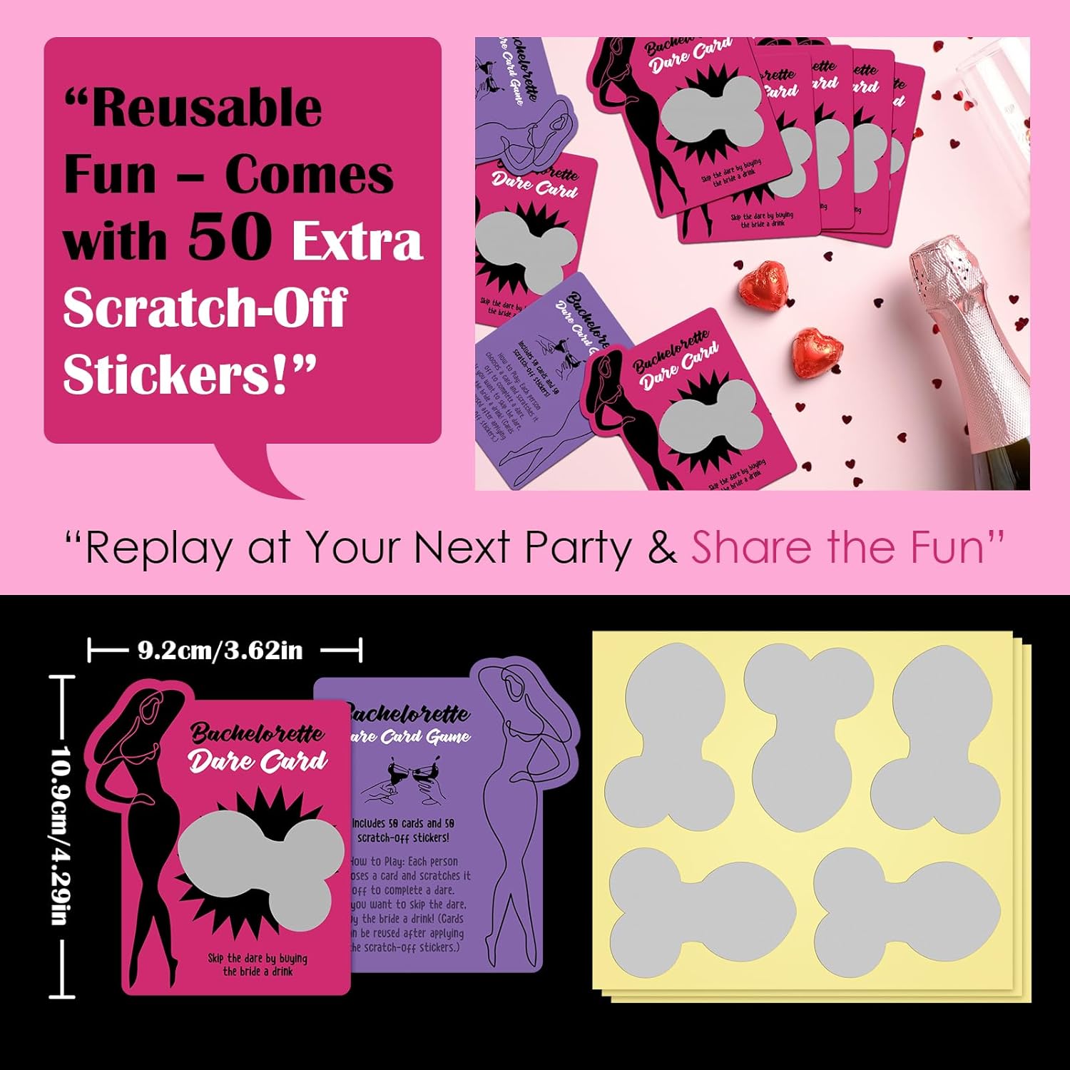 Bachelorette Party Games For Adults - 50 Scratch Off Cards With Reusable Stickers, Fun & Daring Bachelorette Games For Bride Tribe, Girls Night Games, Bridal Shower & Party Favors