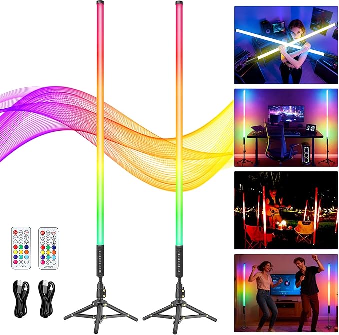 2 Pack 4FT RGB Tube Lights with Stands 5000mAh Battery 500 Modes Remote Dimmable Video Light