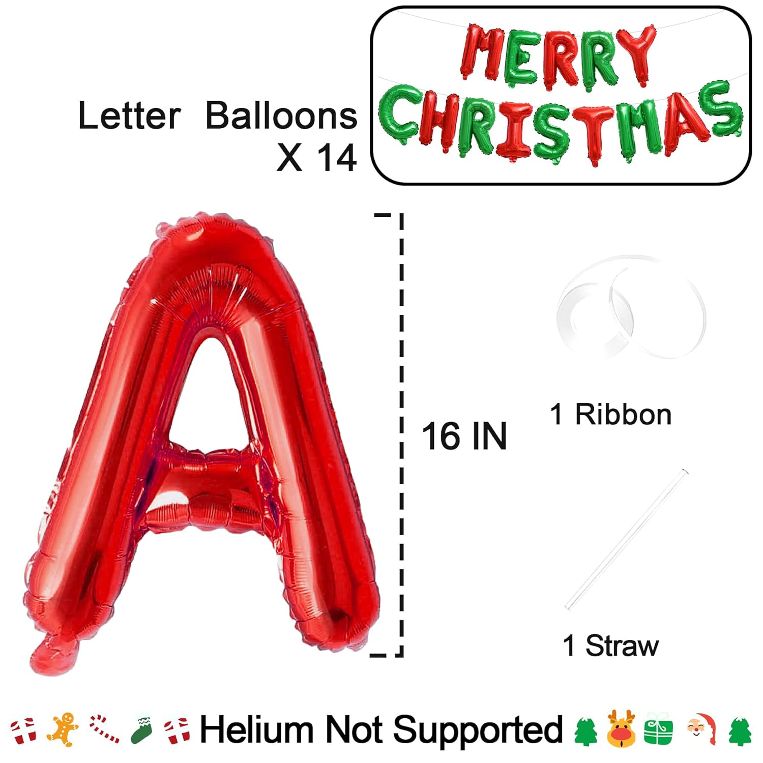 Merry Christmas Letter Balloons Banner, Christmas Backdrops For Photography, Red And Green