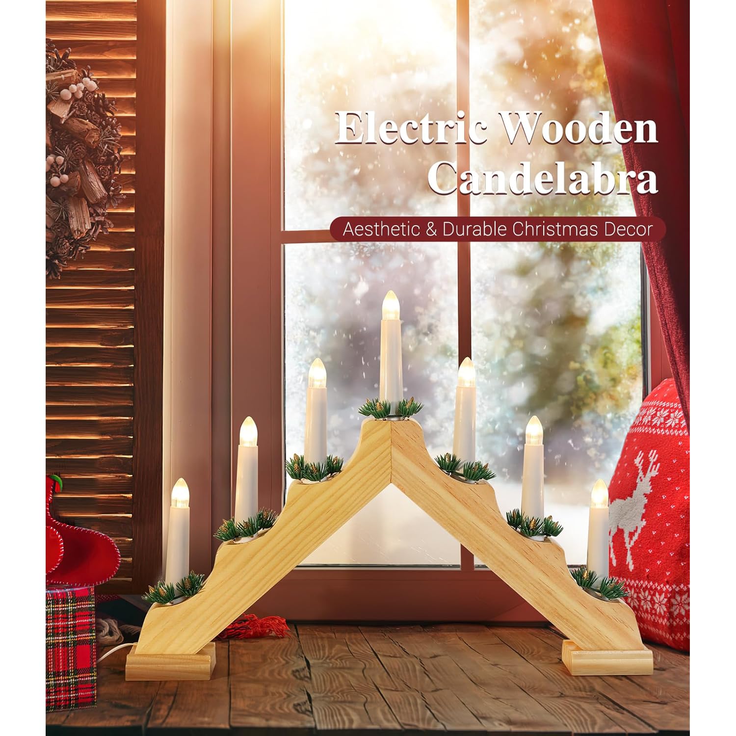 Christmas Swedish Candelabra, Electric Candles With 7 Flameless Taper Candles, Usb Powered Wooden Candle Bridge Light With Pine Needles, Decorative Xmas Candle Lights For Windows Wedding, Wood