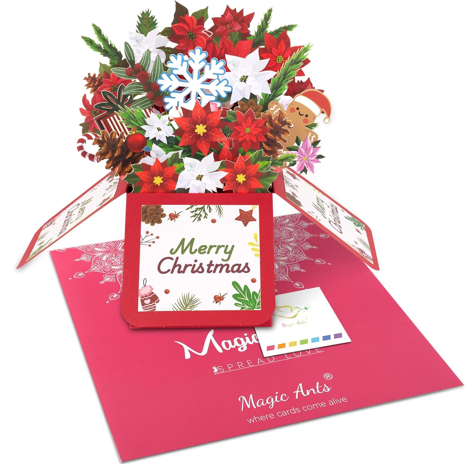 Merry Christmas 3D Pop Up Flower Bouquet Greeting Card – Holiday Card With Poinsettias, Gingerbread Man, Pinecones, Snowflakes – Boxed Design Christmas Card For Family, Friends, And Loved Ones, Includes Envelope & Blank Note Card