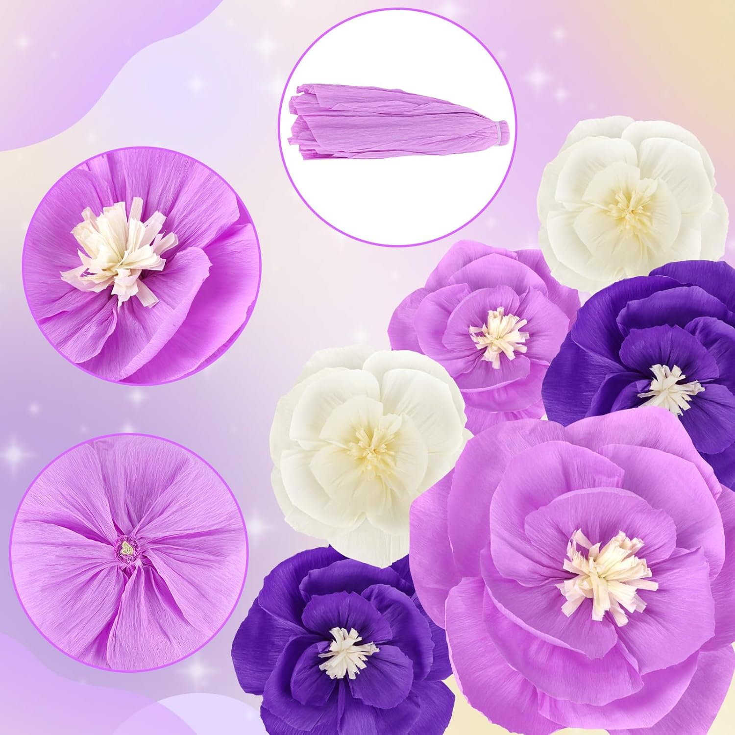 6 Pcs Purple Paper Flowers Decorations For Wall Artificial 3D Florals Wall Backdrop Purple Centerpiece Decorations For Kids Wedding Bridal Baby Shower Birthday Nursery Room Party Supplies