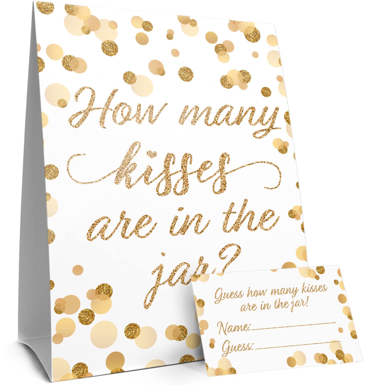 How Many Kisses In The Jar Game - White And Gold (1Sign With 30 Guessing Cards) - Bridal Shower, 50Th Wedding Anniversary, Birthday Party Game