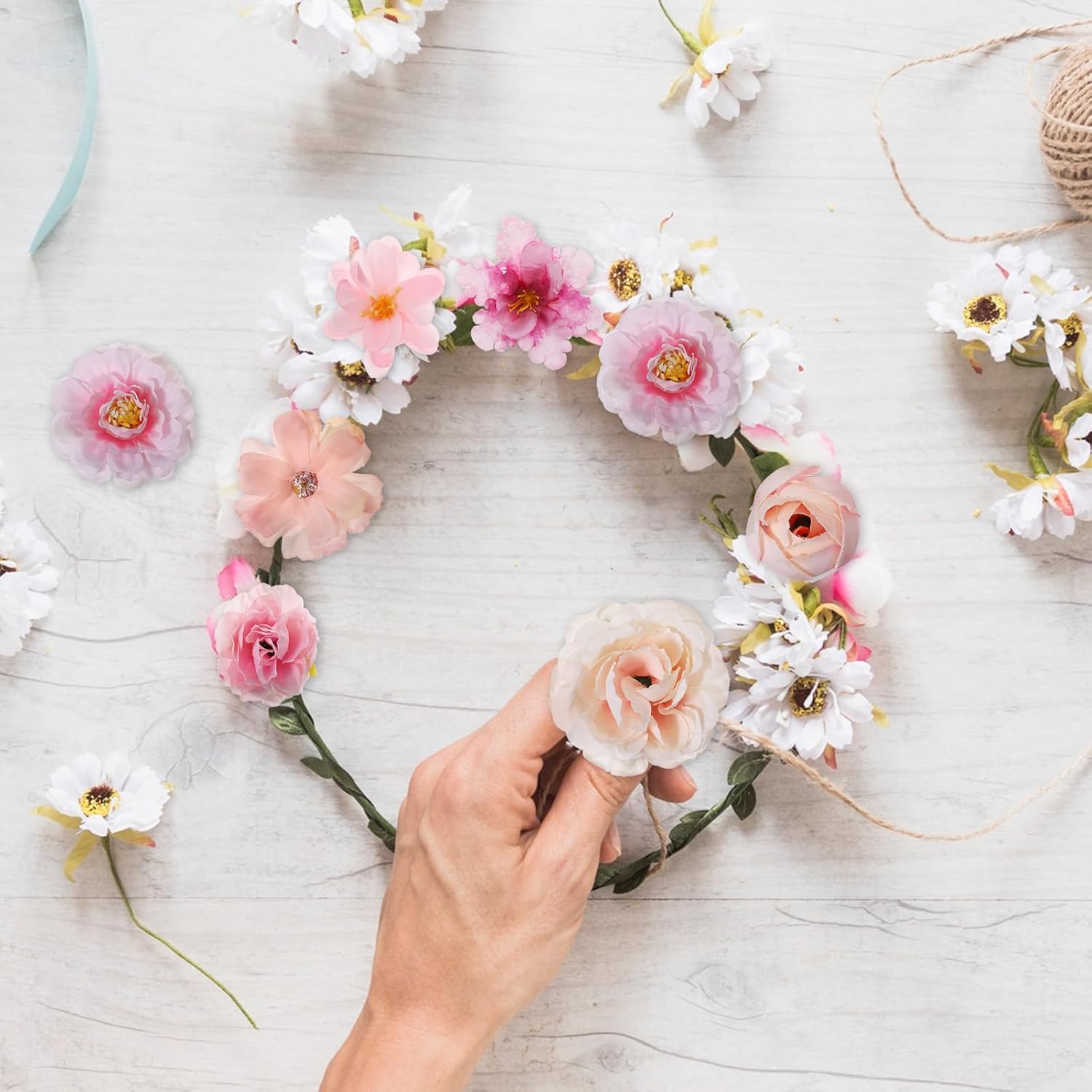 50 Pcs Fake Flower Heads, Mini Pink Artificial Flowers Heads, Bulk Silk Faux Flower, Faux Dahlia Peony Daisy Rose Hydrangea For Craft Garland Wedding Party Diy Home Decoration, 4-12 Cm, Pink